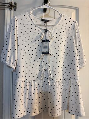 Adrianna Papell White Peplum Blouse with Black Polka Dots and Tie-Front